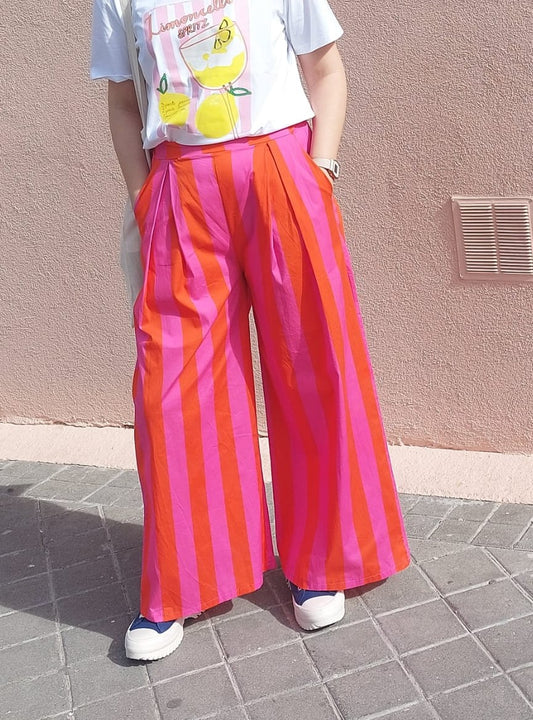 Pantalón MARGOT de rayas fucsia/naranja